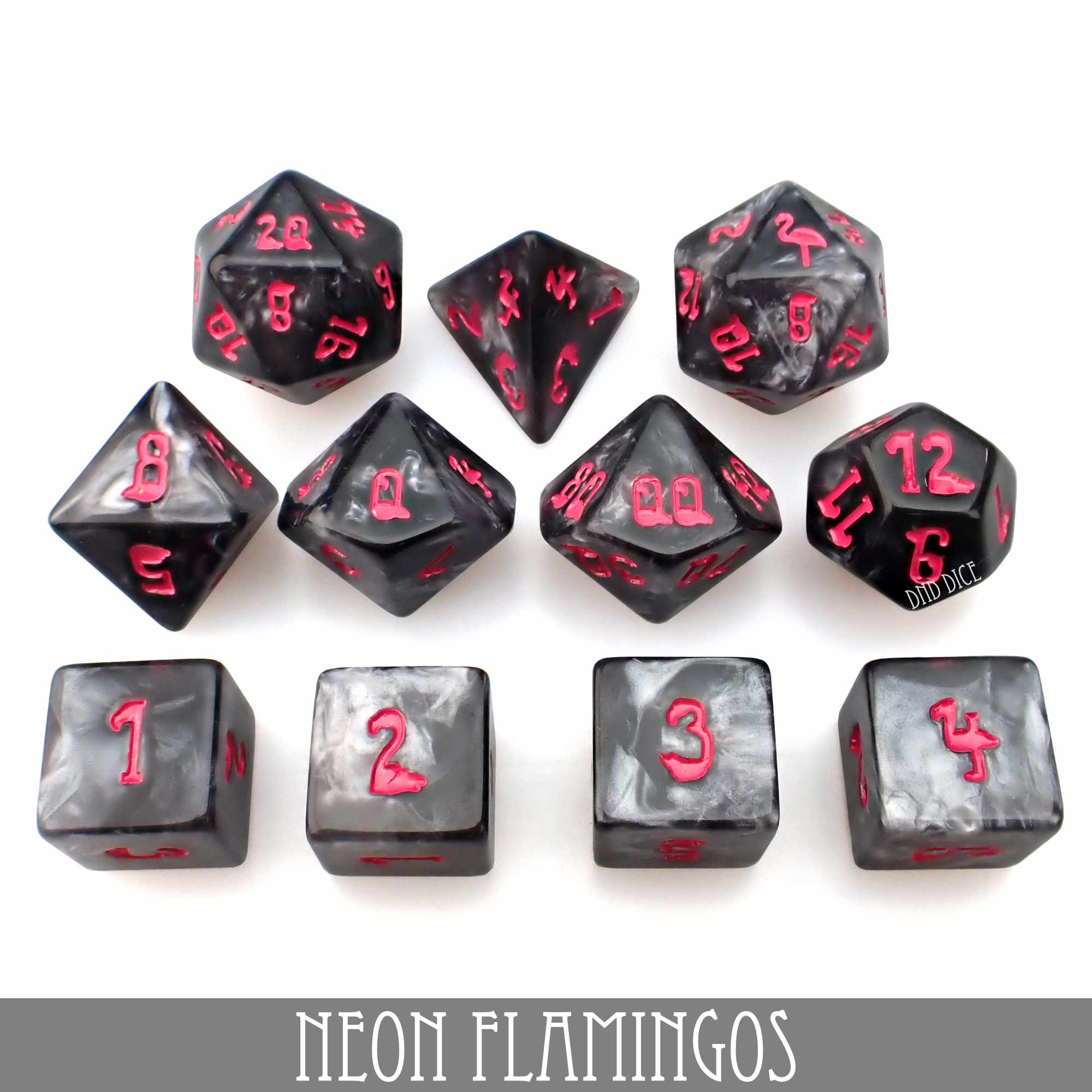 Neon Flamingos - 11 Dice Set